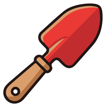Red garden trowel tool with wooden handle cartoon illustration vector