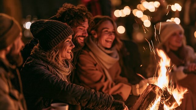 a group of people gathered around a campfire at night, illuminated by the warm glow of the fire. The group consists of four individuals two men and two women, all wearing winter clothing.