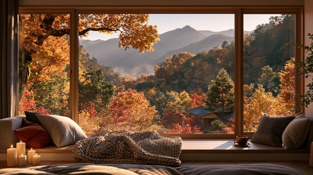 a serene, autumnal setting. The main subject is a cozy bedroom with a large window overlooking a picturesque valley. The room is decorated with autumnal colors deep reds, oranges, yellows, and greens.