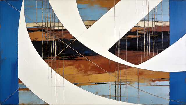 Acrylic abstract canvas, vivid blue panels on the sides, central earthy tones layered with erratic clusters of thin vertical etched lines and large sweeping white geometric curves