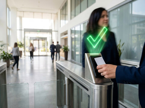 Woman tapping secure access card at office turnstile gates, highlighting Cybersecurity Awareness and workplace identity protection measures