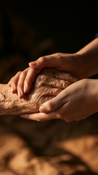 an elderly person and the other to a younger person. The elderly persons skin is a rich brown, and the younger persons nails are painted a soft pink. The hands are clasped together.