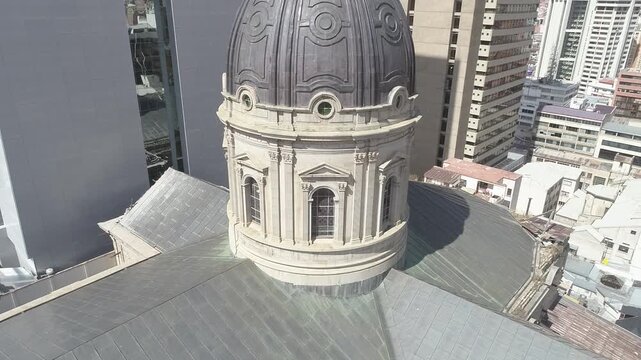 Close up aerial view of the cathedral dome in La Paz, Bolivia