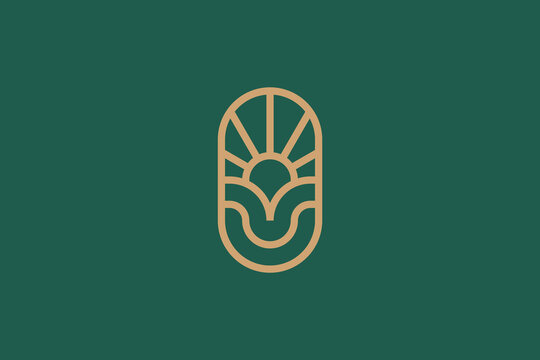 Minimalist Monoline Sun Rising Mountain Badge Logo Icon for Outdoor Nature Branding Design