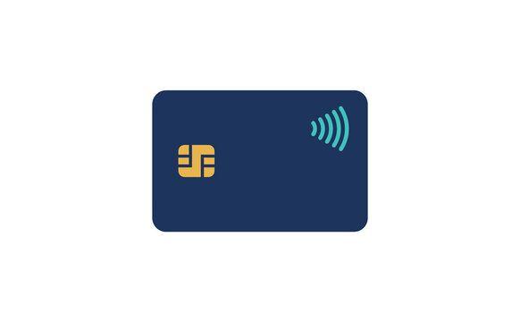 Minimalist blue credit card featuring gold microchip and teal contactless payment symbol