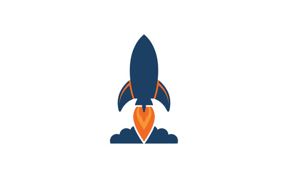 Minimalist blue rocket launching with orange flame and smoke in flat vector icon style