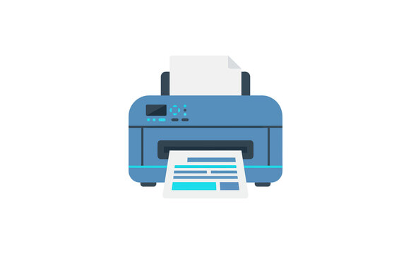 Modern blue printer printing paper sheet in flat vector style for office equipment concepts