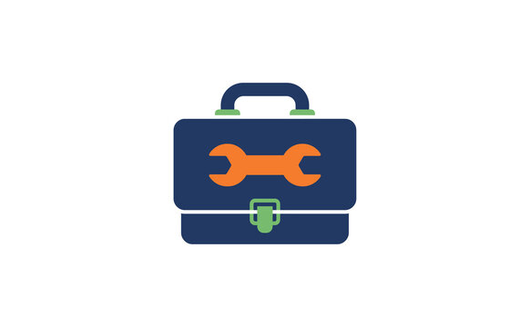 Minimalist toolbox icon with wrench symbol and colorful design elements representing repair