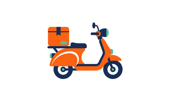 Orange delivery scooter carrying parcel box in flat vector style for courier service