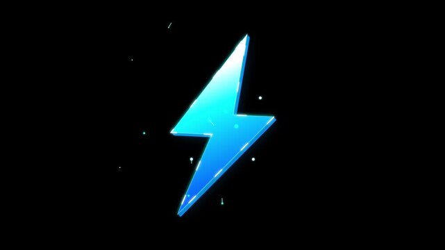 Glowing blue lightning bolt energy icon on black background with particles.