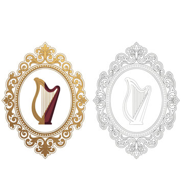 Elegant golden harp icon encased in an ornate vintage frame with a matching line art version music instrument classical music string instrument