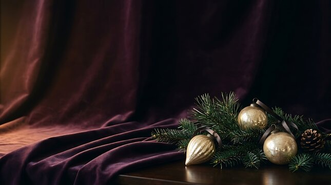 Vintage golden christmas ornaments on evergreen branches against a dark velvet fabric background