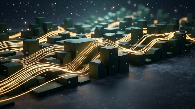 Abstract city landscape with glowing golden light trails representing digital data flow in a futuristic urban environment