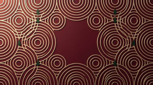 Abstract maroon and gold background with geometric circle patterns and small christmas tree elements
