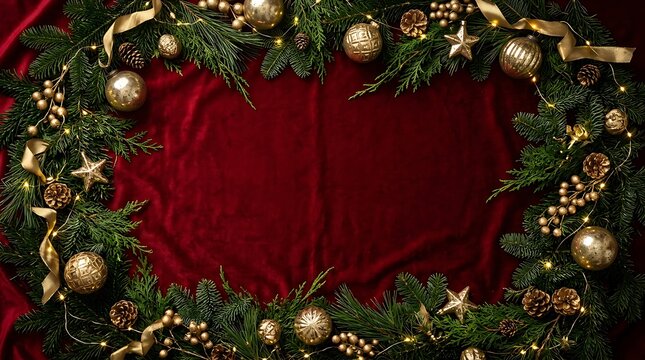 Festive christmas wreath frame with golden ornaments and pine branches on a dark red velvet background