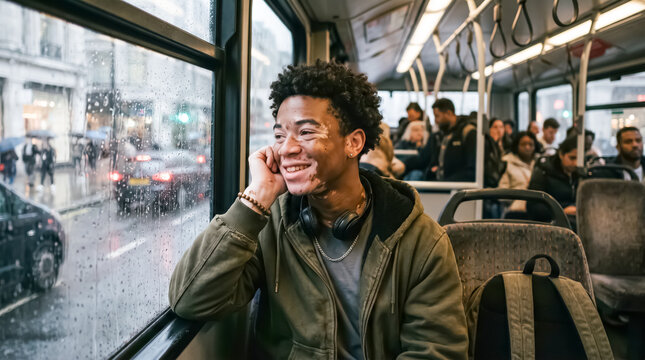 A young man with vitiligo smiles while riding on a bus, looking out the window at the rainy street