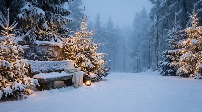 Snowy winter forest landscape with illuminated christmas trees and a wooden bench