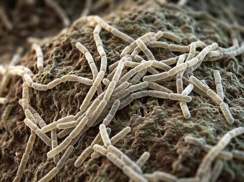 Close-up view of rod-shaped bacteria, or bacilli, on a surface, showcasing their cellular structure and formation