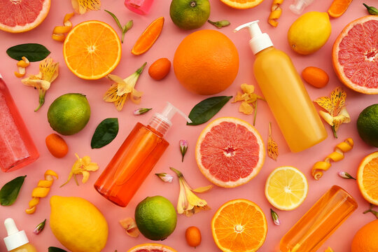 Cosmetic bottles on bright citrus fruits and flowers background, natural scincare cosmetics, beauty and facial care juicy concept image, selective focus, shallow DOF