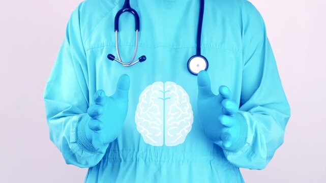 Doctor in light blue scrubs presenting a brain icon on his uniform, symbol of brain health, nervous system care, disease awareness and preventive medical checkup