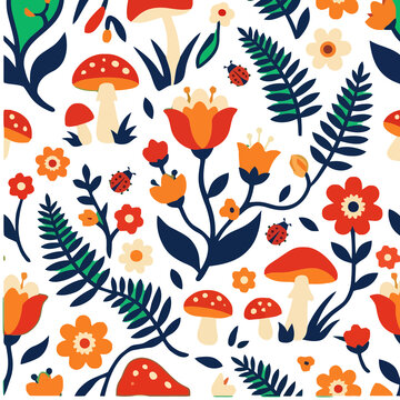 Seamless pattern of stylized mushrooms, flowers, and ladybugs