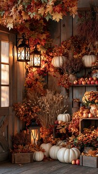 a cozy porch. The main subject is a collection of pumpkins, gourds, and autumn leaves in various shades of red, orange, and yellow. The pumpkins are placed on wooden crates.