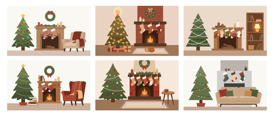 Fototapeta premium Set of Christmas Living Room Interiors with Decorated Fir Trees and Fireplaces