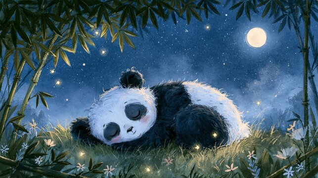 a serene night scene with a panda peacefully sleeping in a lush bamboo forest. The pandas black and white fur contrasts with the deep blue of the night sky, which is dotted with stars and a large.