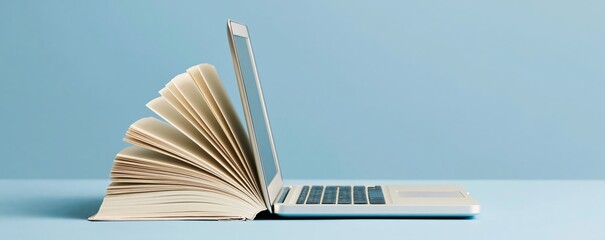 Education and technology merging as an open book and laptop screen for digital learning research and school study