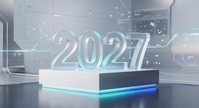 Glass 2027 numbers on a white podium with for New Year celebration.