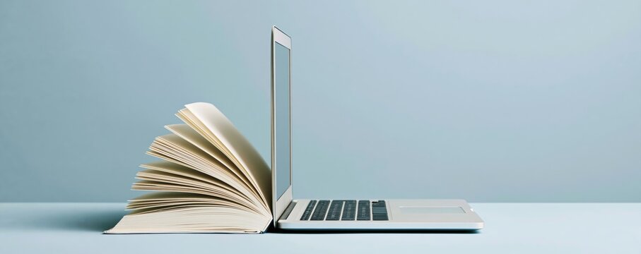 Education and technology blend with an open book and laptop for academic study and digital research for students