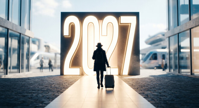 A person holding a suitcase at a train station during New Year 2027.