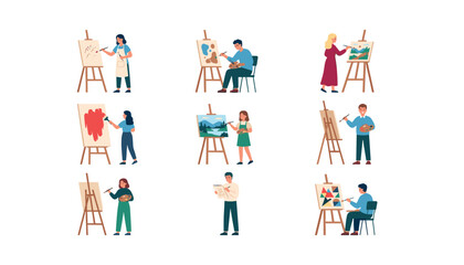 Fototapeta premium Art class vector illustration set featuring creative people painters and students painting on canvas easels isolated on background