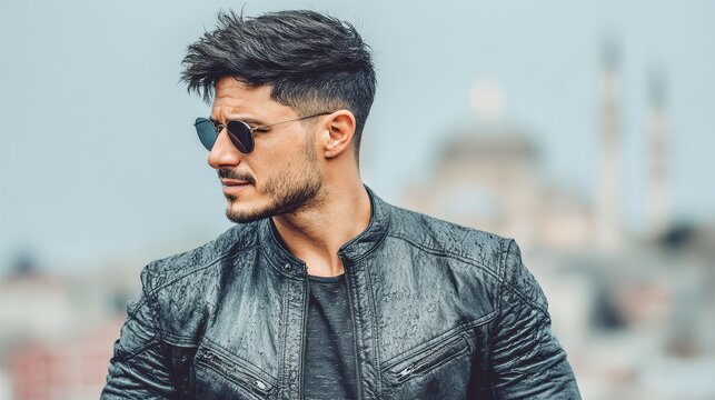 Urban Cool: A stylish man with a modern haircut and sunglasses, wearing a black leather jacket, stands confidently against an urban backdrop with a hint of historical architecture.
