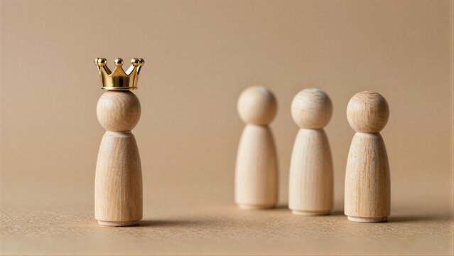One crowned wooden figure leads four others, symbolizing leadership and hierarchy.