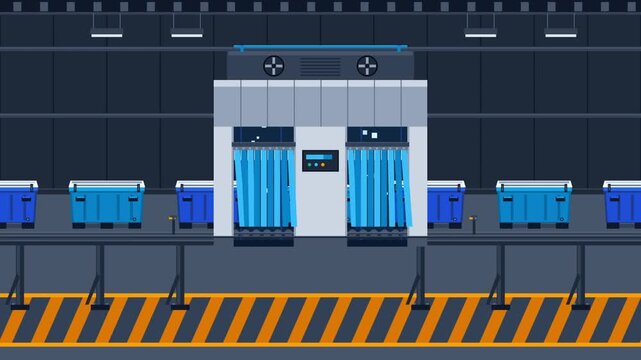 Automated Industrial Conveyor System Moving Blue Bins Through A Processing Unit