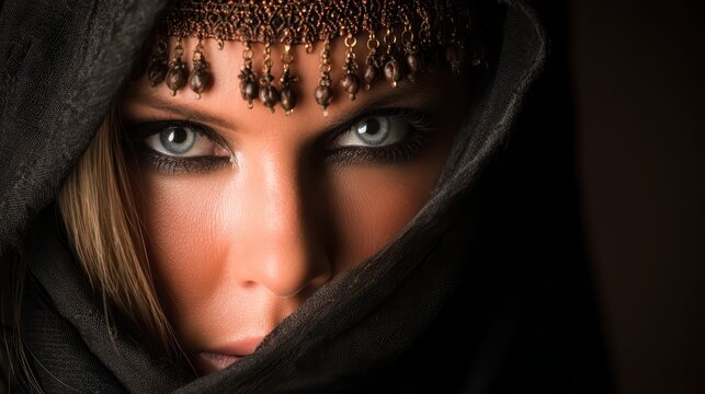 Mysterious Gaze of a Woman in Veil: A striking portrait captures a woman's intense blue eyes peering from beneath a dark veil and adorned with intricate head jewelry, hinting at a story untold.