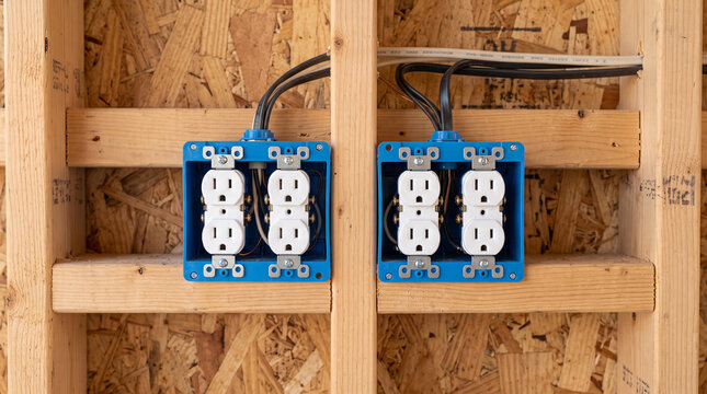 New electrical outlets and blue junction boxes mounted on wooden stud framing during home construction