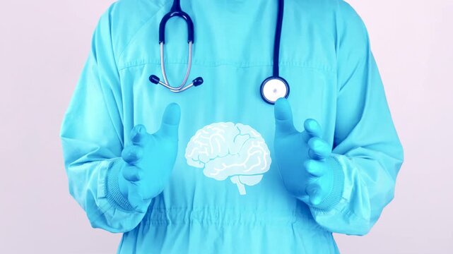 Doctor in light blue surgical scrubs presents a brain icon, symbol of cognitive health, neurological health awareness and early prevention of mental diseases