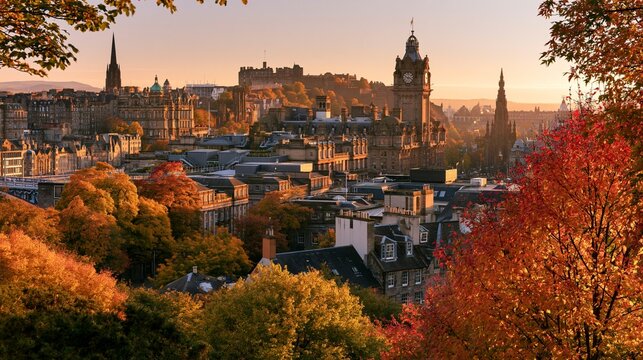a cityscape during autumn. The main subject is a sprawling collection of historic buildings, each with unique architectural styles and colors.