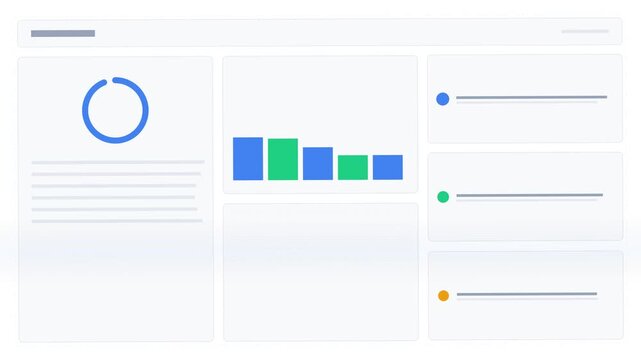 Minimalist business dashboard interface with animated charts and data visualization.