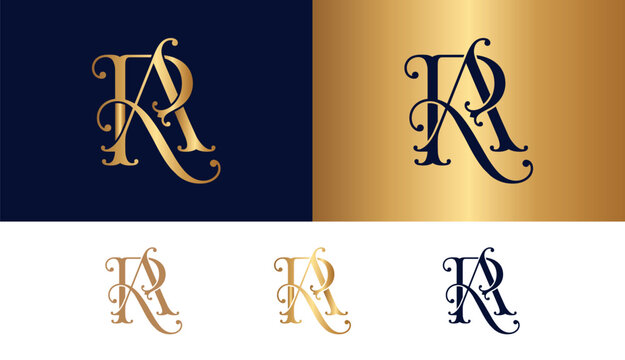 Elegant KR monogram letters in gold and navy blue for luxury branding and design.