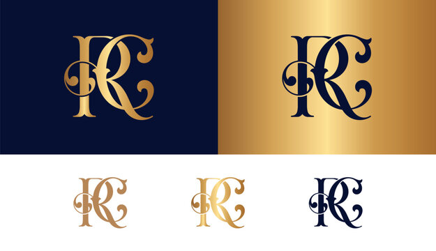 Stylish RC monogram letters in gold and navy blue for sophisticated branding projects.