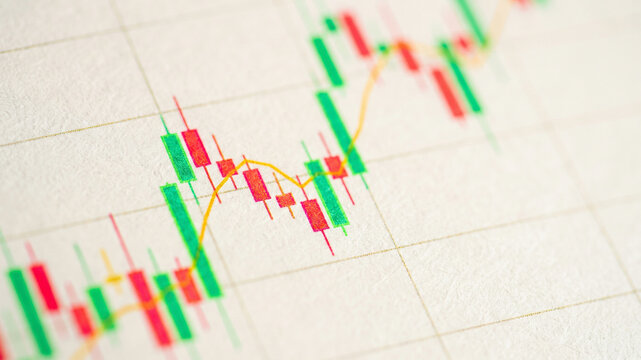 Detailed view of a printed business report showing volatile market trends with colorful trading graphs. Represents corporate finance and technical analysis evaluation.