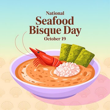 National seafood bisque day celebration with a bowl of creamy soup, shrimp, and crackers on a patterned background