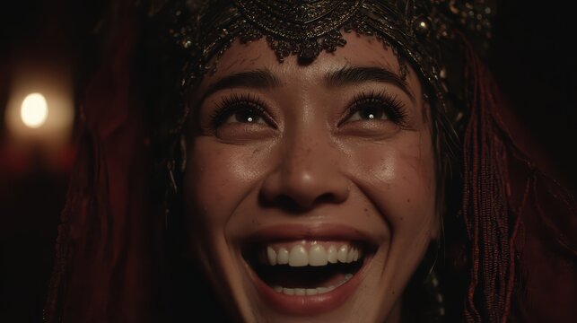 Joyful Royalty: Close-up portrait of a delighted woman wearing an ornate crown and traditional attire, her face illuminated by warm light, conveying a powerful sense of joy and inner radiance.