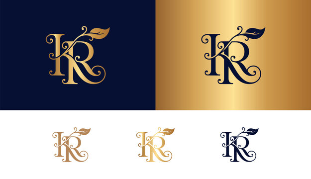 Elegant KR monogram with leaf motif in gold and navy blue for luxury branding.