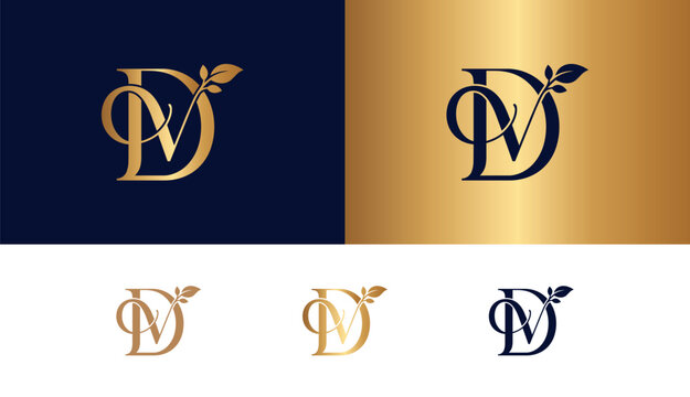 Chic dv monogram logo design with gold leaf on navy and gold backgrounds.