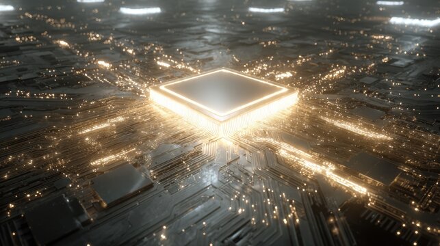 Futuristic glowing circuit board with a central processor surrounded by vibrant light and intricate electronic patterns