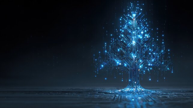 Digital Tree Design with Circuit Board Patterns and Glowing Blue Lights on a Dark Background
